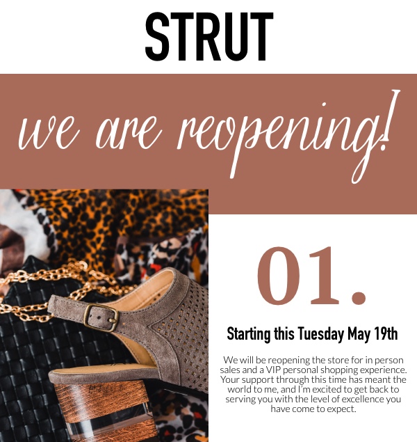 Strut Shoes Reopening May 19th with VIP Shopping Experience