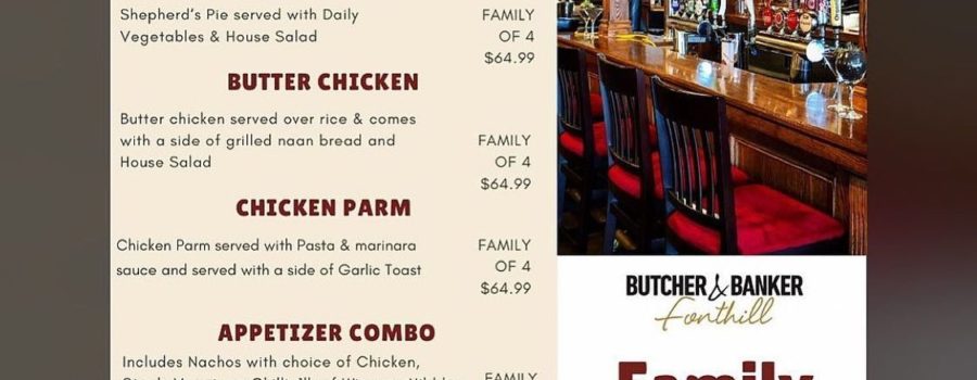 NEW Family Style Takeout Menu at Fonthill Butcher and Banker Pub