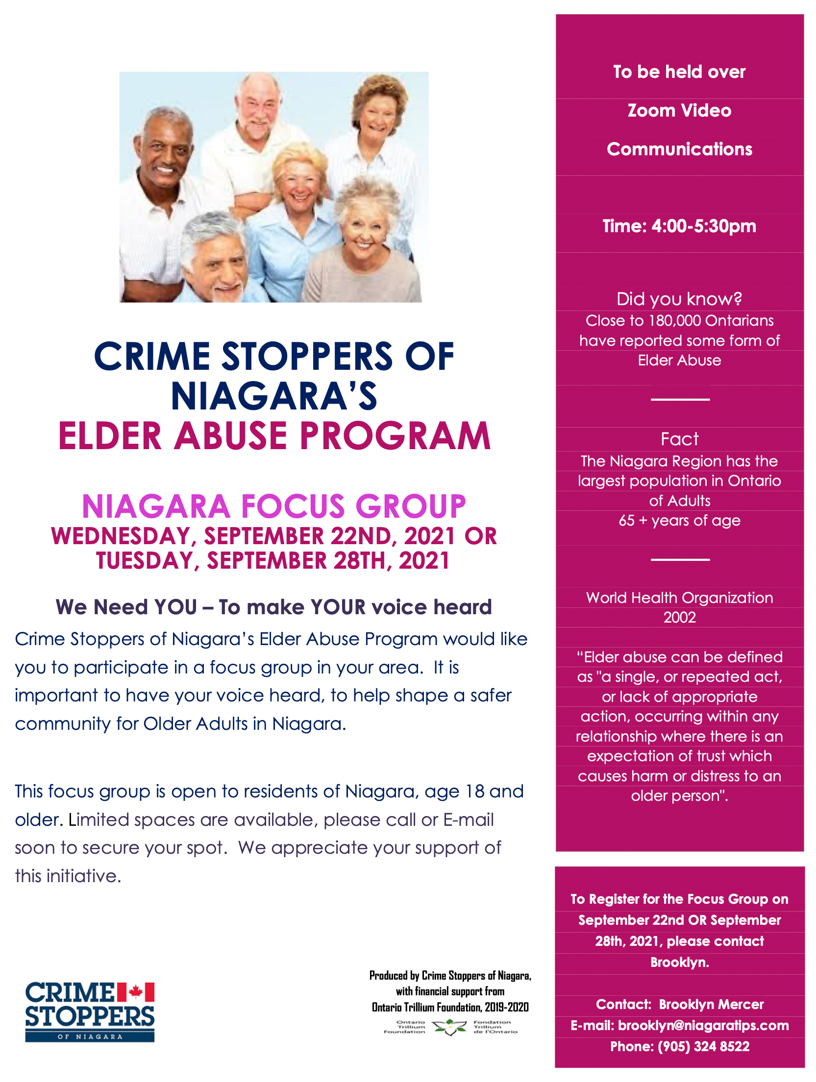 Focus Groups: Crime Stoppers of Niagara’s Elder Abuse Program