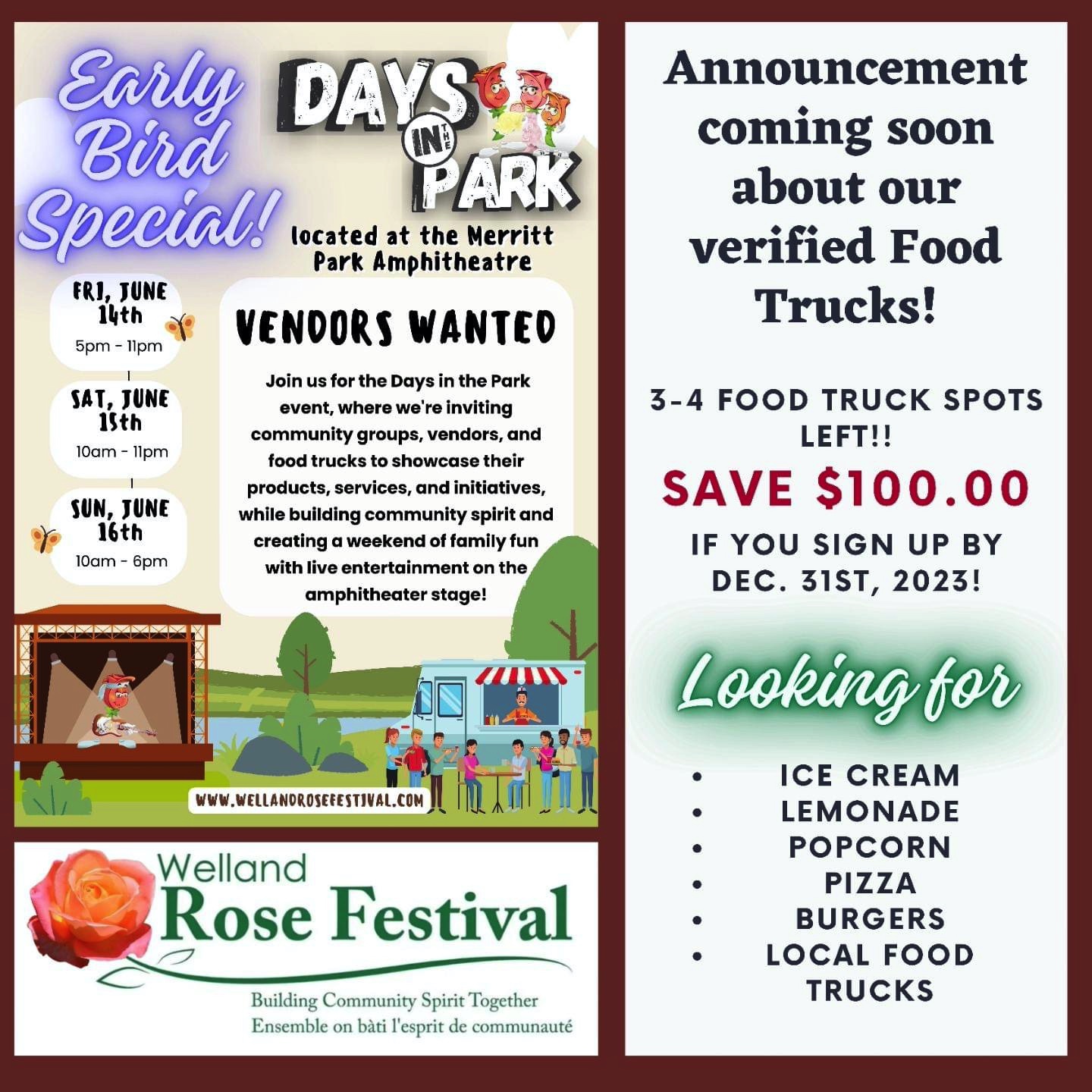 Call for Vendors! Early Bird Special Welland Rose Festival 2024