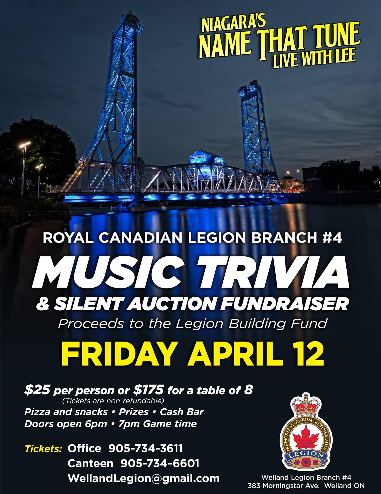 Book Your Tickets! Royal Canadian Legion Welland Music Trivia & Silent Auction Fundraiser