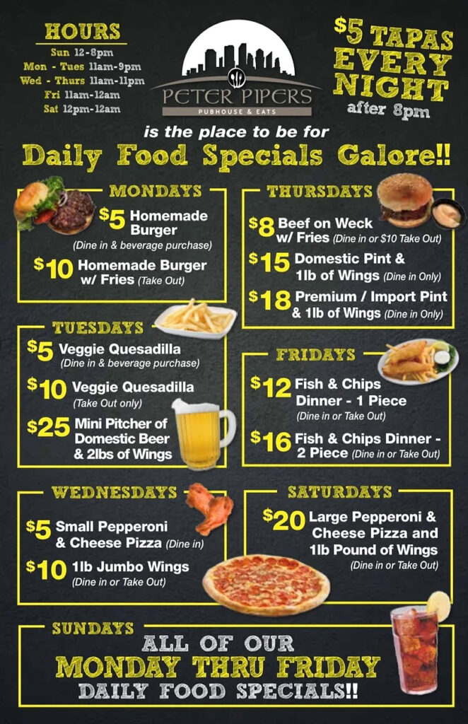 Weekly Specials at Peter Pipers Pubhouse